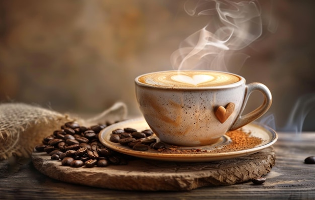 Una taza de café humeante con una forma de corazón en su espuma puesta en una superficie de madera con granos de café esparcidos que exudan calor y comodidad