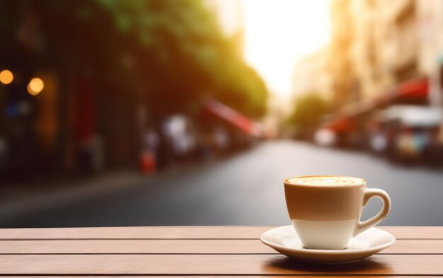 Una taza de café humeante con un latte en forma de corazón se sienta en una mesa de madera