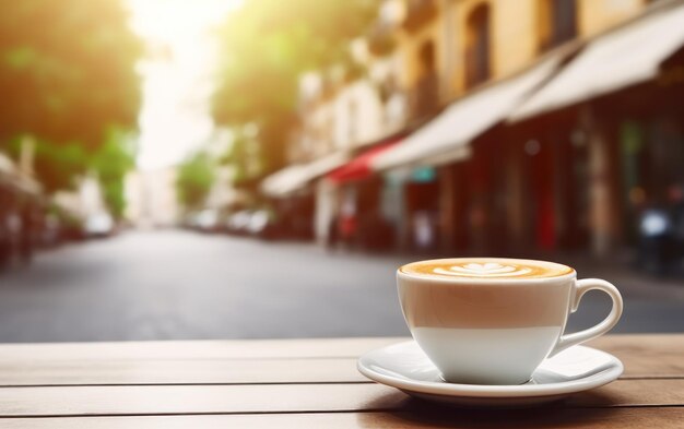 Una taza de café humeante con un latte en forma de corazón se sienta en una mesa de madera