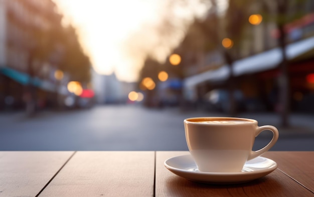 Una taza de café humeante con un latte en forma de corazón se sienta en una mesa de madera