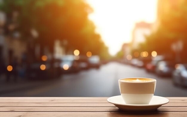 Una taza de café humeante con un latte en forma de corazón se sienta en una mesa de madera