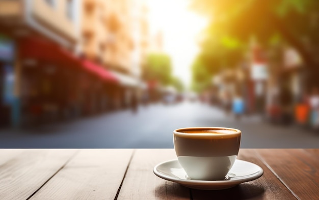 Una taza de café humeante con un latte en forma de corazón se sienta en una mesa de madera