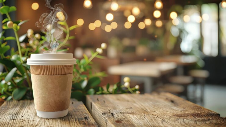 Taza de café humeante en una mesa de madera en un acogedor café con luces bokeh y vegetación