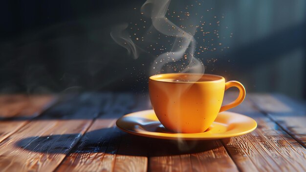 Una taza de café humeante en una mesa de madera El café se eleva desde la taza y crea un hermoso patrón en el aire