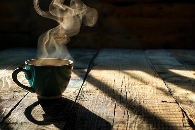 Una taza de café humeante en una mesa de madera