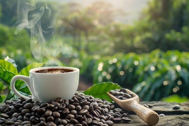 Una taza de café humeante rodeada de granos de café en un fondo natural capturando el café de la mañana