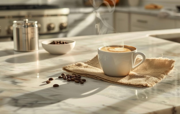Una taza de café humeante se sienta en una encimera de mármol bañada en la luz del sol con una dispersión de frijoles y un cómodo telón de fondo de la cocina