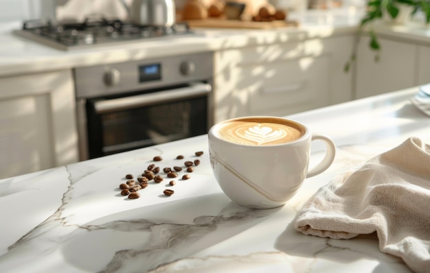 Una taza de café humeante se sienta en una encimera de mármol blanco rodeada de frijoles asados en un entorno de cocina moderno con iluminación suave