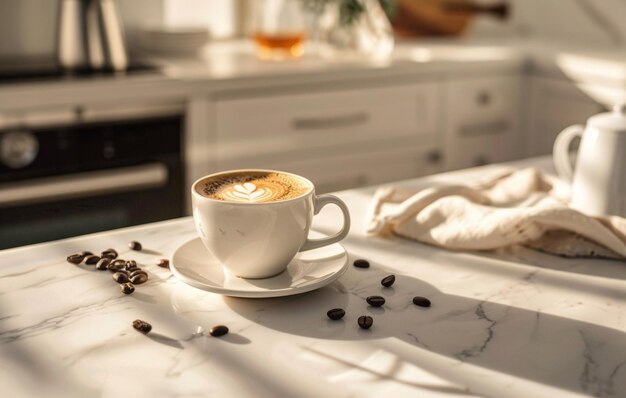 Una taza de café humeante se sienta en una encimera de mármol blanco rodeada de frijoles asados en un entorno de cocina moderno con iluminación suave