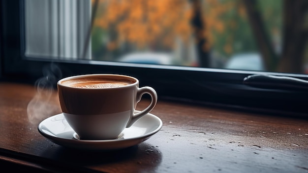 Una taza de café humeante se sienta con gracia al lado del vidrio de la ventana salpicado de lluvia