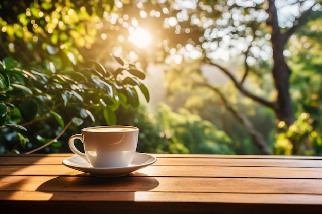 Una taza de café humeante se sienta en una mesa de madera al aire libre con el sol de la mañana filtrando a través de las hojas verdes