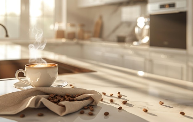 Una taza de café humeante se sienta en un mostrador de la cocina iluminado por el sol con frijoles esparcidos y un cuenco en el fondo evocando una acogedora vibra matutina
