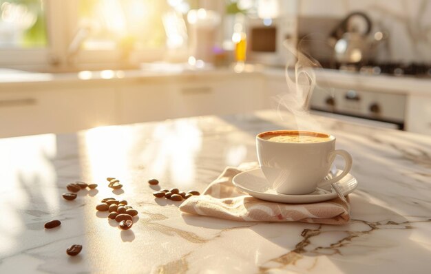 Una taza de café humeante se sienta en un mostrador de la cocina iluminado por el sol con frijoles esparcidos y un cuenco en el fondo evocando una acogedora vibra matutina