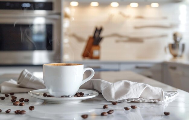 Una taza de café humeante se sienta en un mostrador de la cocina iluminado por el sol con frijoles esparcidos y un cuenco en el fondo evocando una acogedora vibra matutina