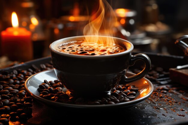 Foto taza de café con humo y granos de café en la bolsa generativa ia