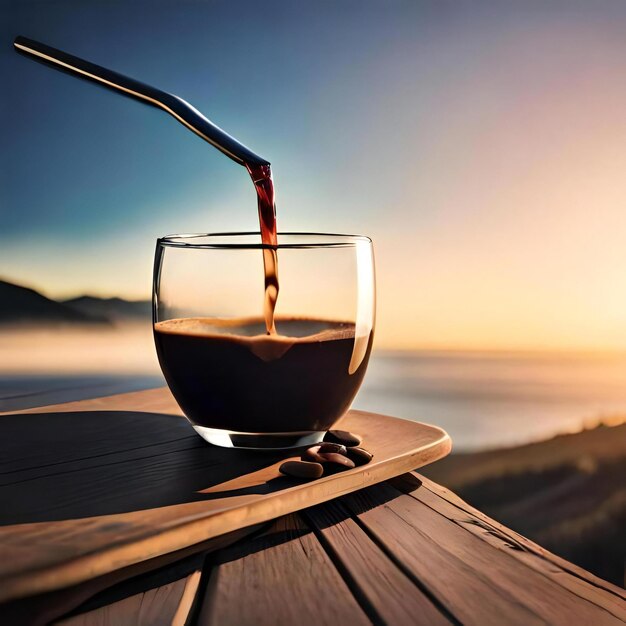 Foto taza de café con humo y granos de café en el fondo