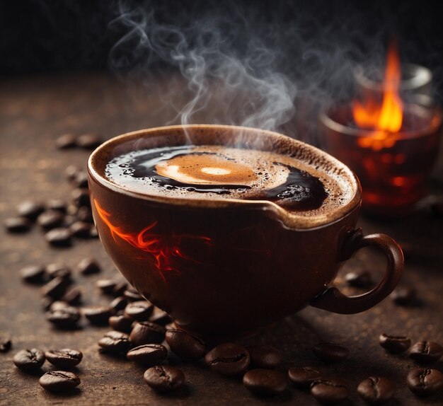 Taza de café con humo y granos de café en una mesa de madera