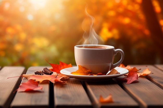 Taza de café en IA generativa de follaje de otoño