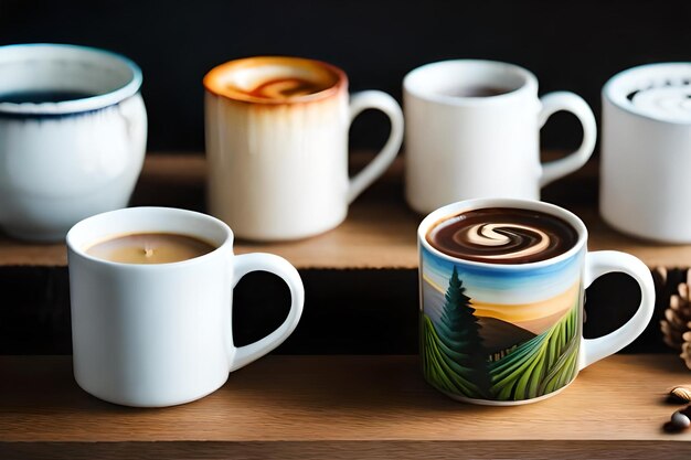 Una taza de café con la imagen de una montaña