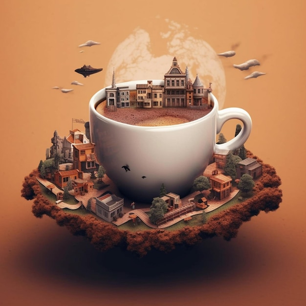 una taza de café con la imagen de un pueblo y un pueblo en el fondo.