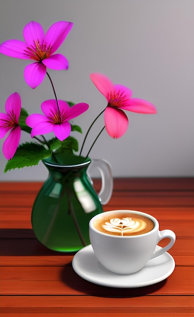 Una taza de café y un jarrón de flores están sobre una mesa.