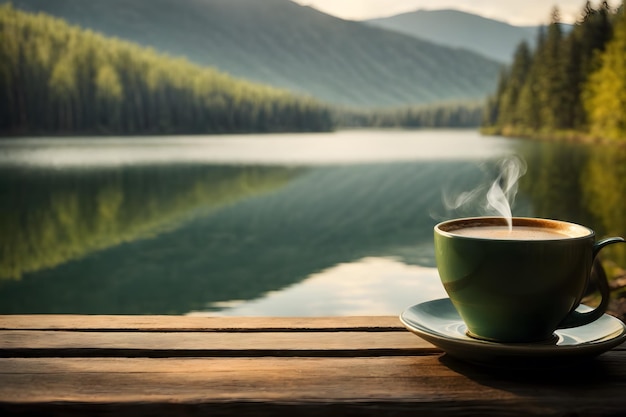 Una taza de café junto al lago con fondo forestal