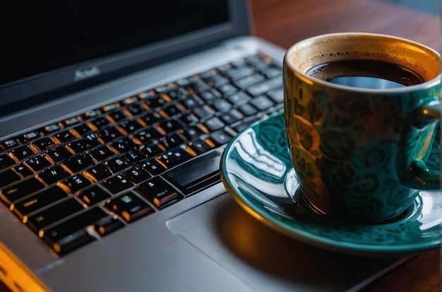 Taza de café junto a una computadora portátil o computadora