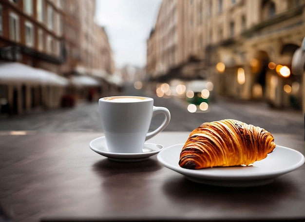 Una taza de café junto a un croissant