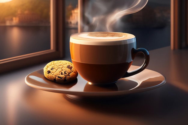 Taza de café junto a los frijoles tostados en un lugar maravilloso con un toque de fantasía Generative AI_12