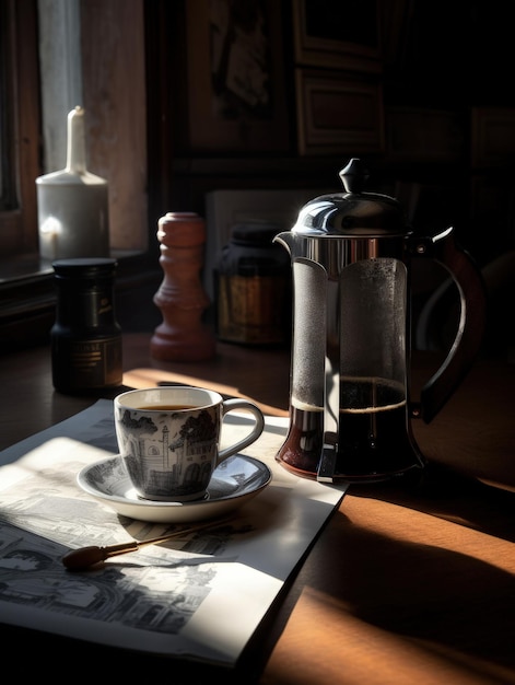 Taza de café junto a una prensa francesa ilustración contemporánea mínima realizada con IA generativa