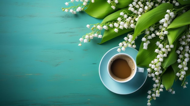 Una taza de café junto a un ramo de lirio de las flores del valle