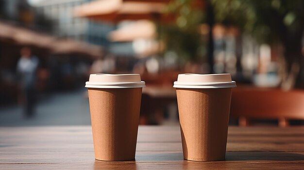 Foto taza de café kraft en blanco aislada en una mesa de madera con fondo verde