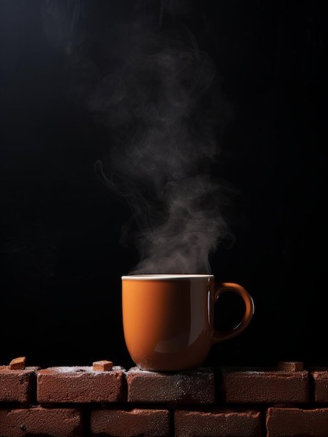 Taza de café de ladrillo sobre un fondo negro