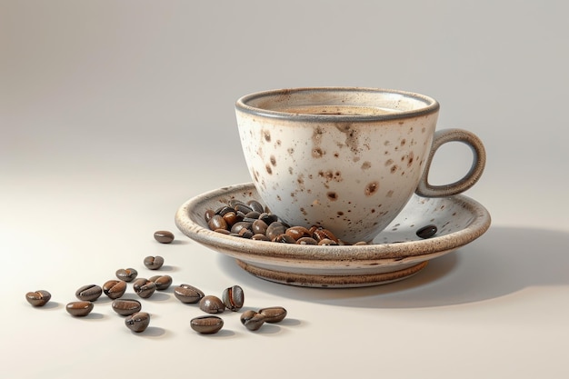Taza de café con latte art y frijoles asados en platillo para una mañana gourmet