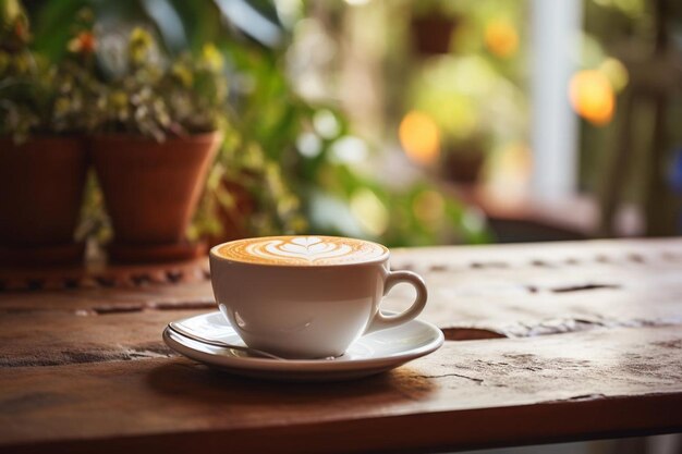 Una taza de café latte caliente en la mesa en una cafetería con poca profundidad de campo