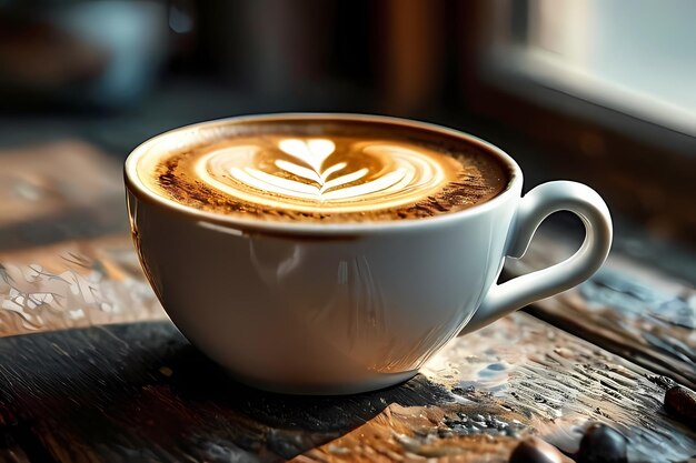 Taza de café latte con forma de corazón y granos de café en un antiguo fondo de madera