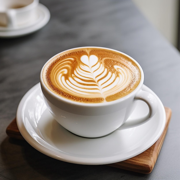 Taza de café latte en una mesa de madera en una cafetería