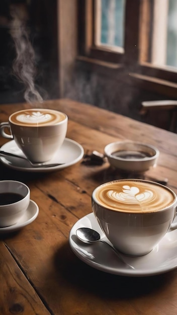 Taza de café latte en una mesa de madera con vapor Día internacional del café