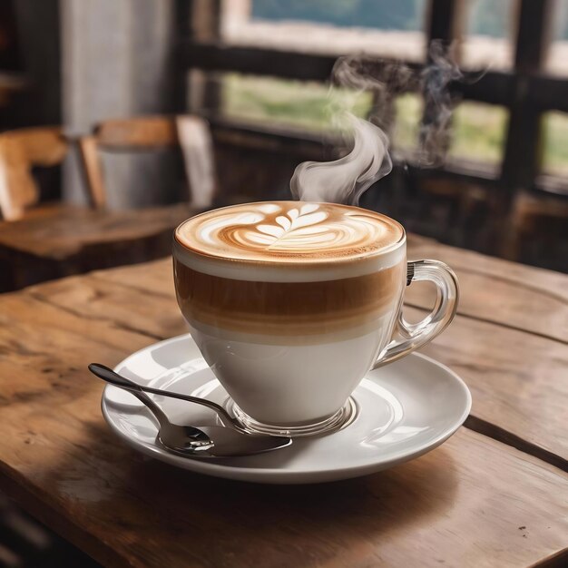 Taza de café latte en una mesa de madera con vapor Día internacional del café