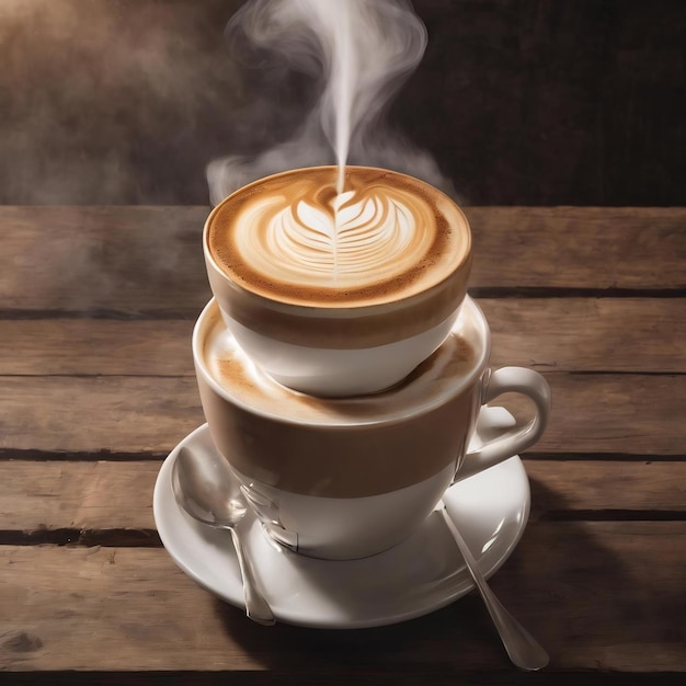 Taza de café latte en una mesa de madera con vapor Día internacional del café