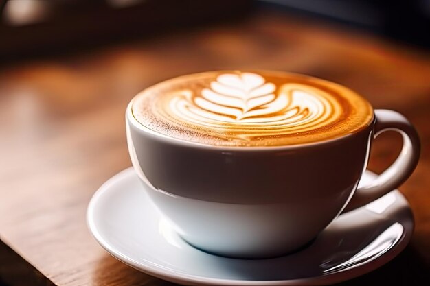 Taza de café con latte o capuchino Arte en una cafetería Closeup Barista hace café con leche