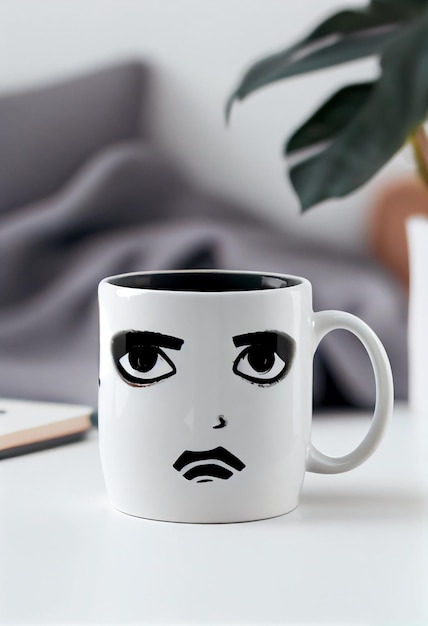 Una taza de café con leche con una cara enfadada.