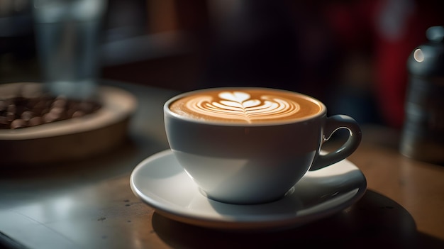 Una taza de café con leche con un diseño de corazón