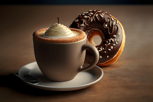 Taza de café con leche y donut glaseado en arte generado por red neuronal de mesa