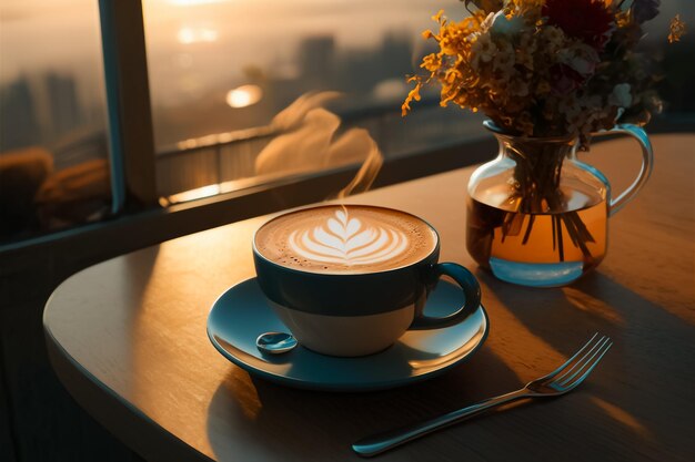 una taza de café con leche con una flor en ella