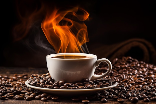 Taza de café con leche con forma de corazón y granos de café sobre fondo de madera antiguo