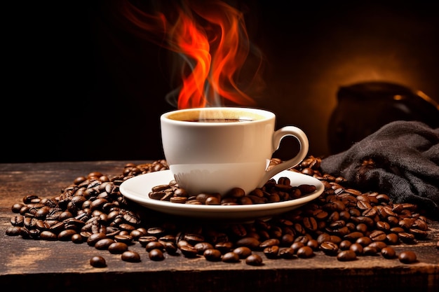 Taza de café con leche con forma de corazón y granos de café sobre fondo de madera antiguo