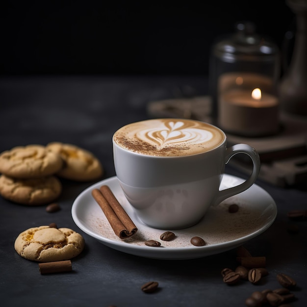 Una taza de café con leche y galletas Fondo romántico con velas Generado por IA