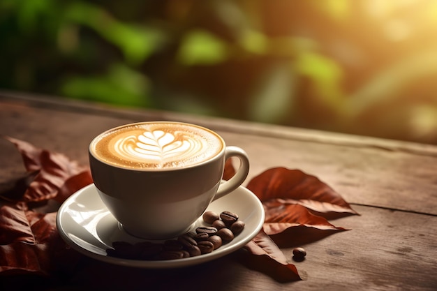 Taza de café con leche y granos de café sobre una mesa de madera antigua con fondo verde natural