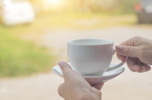 Taza de café con leche en la mano en el fondo del parque verde